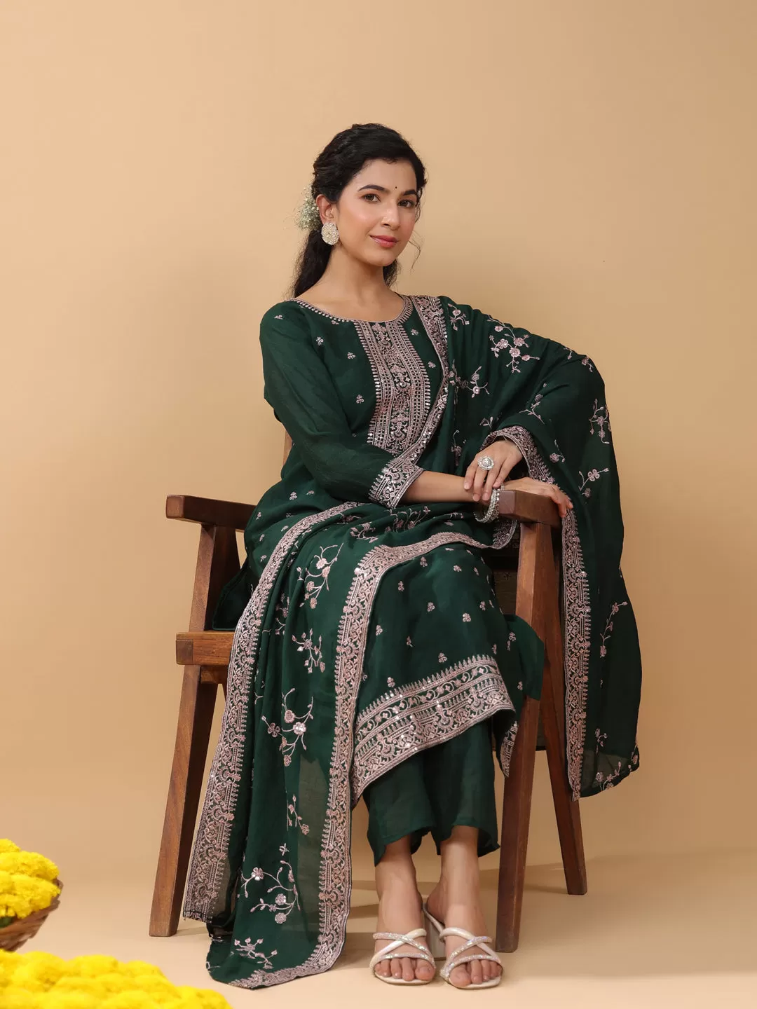 Dark Green Silk Blend Embroidered Kurta Pant Set