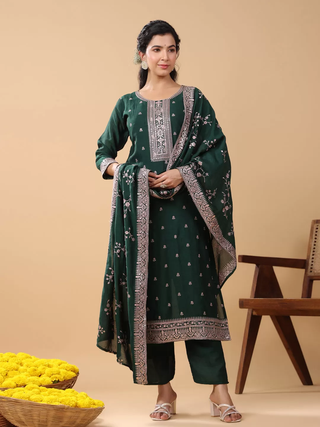 Dark Green Silk Blend Embroidered Kurta Pant Set