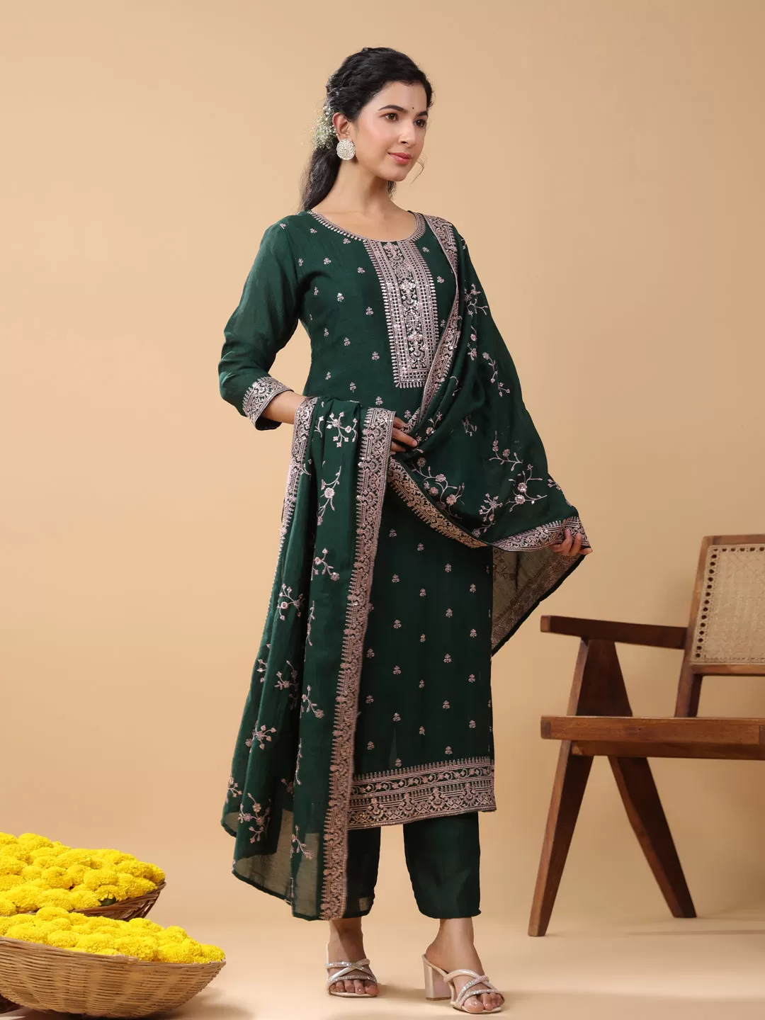 Dark Green Silk Blend Embroidered Kurta Pant Set