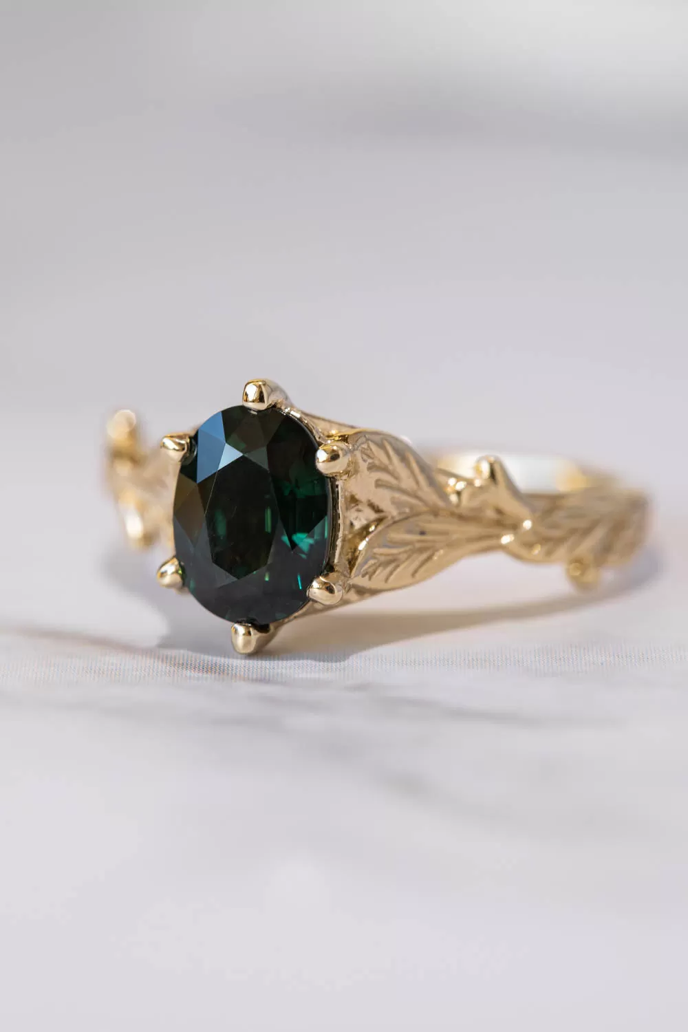 Dark teal sapphire engagement ring, oval cut gemstone gold leaf ring / Freesia