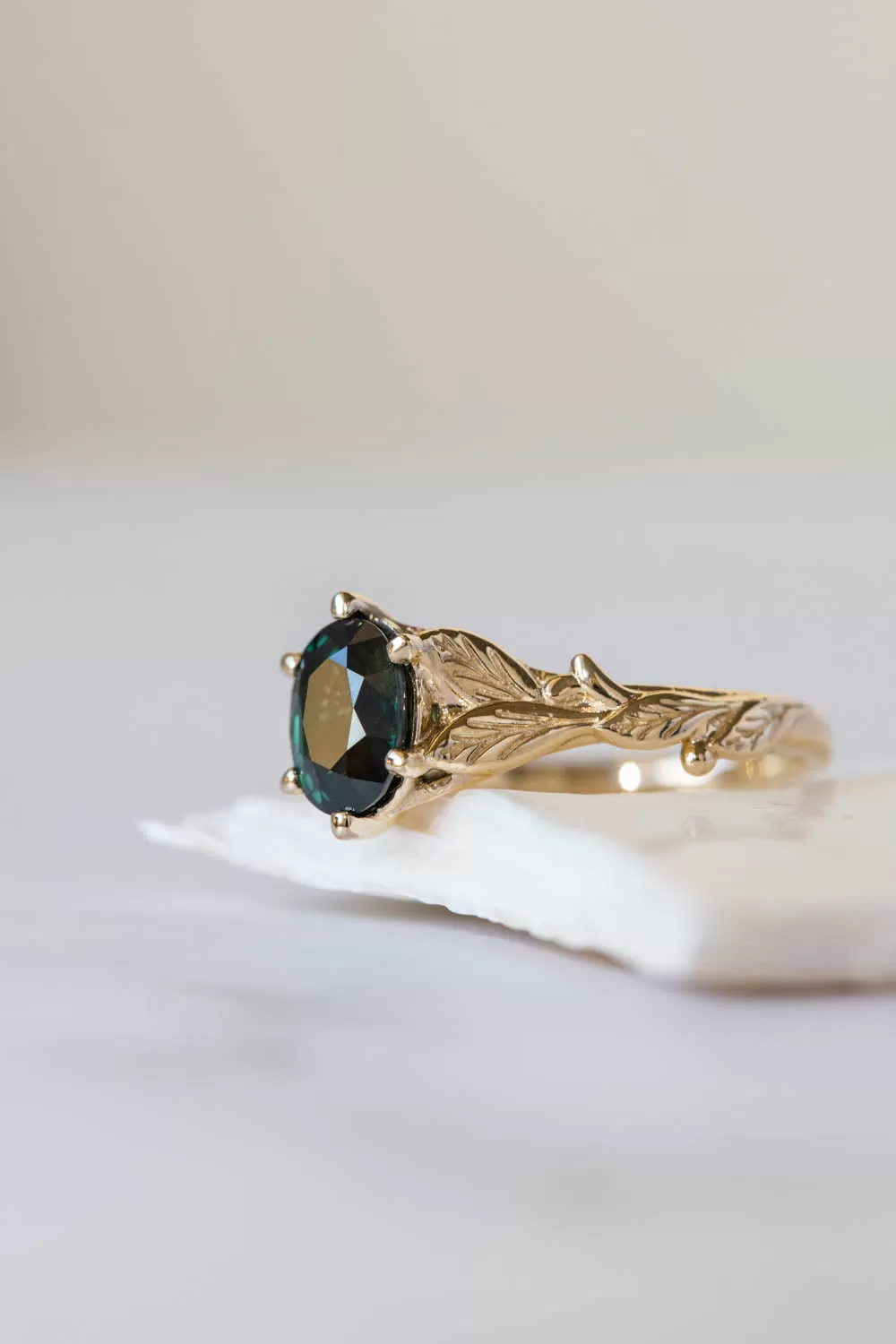 Dark teal sapphire engagement ring, oval cut gemstone gold leaf ring / Freesia