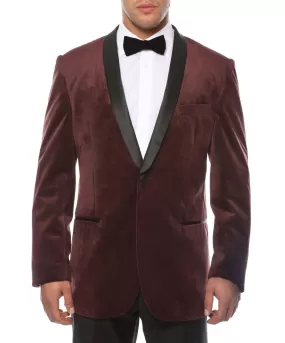 Enzo Collection-Dark Burgundy Slim Fit Velvet Shawl Collar Tuxedo Blazer