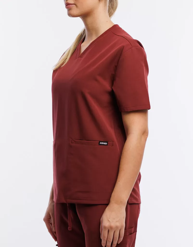 Essential V Neck Scrub Top - Bordeaux Red