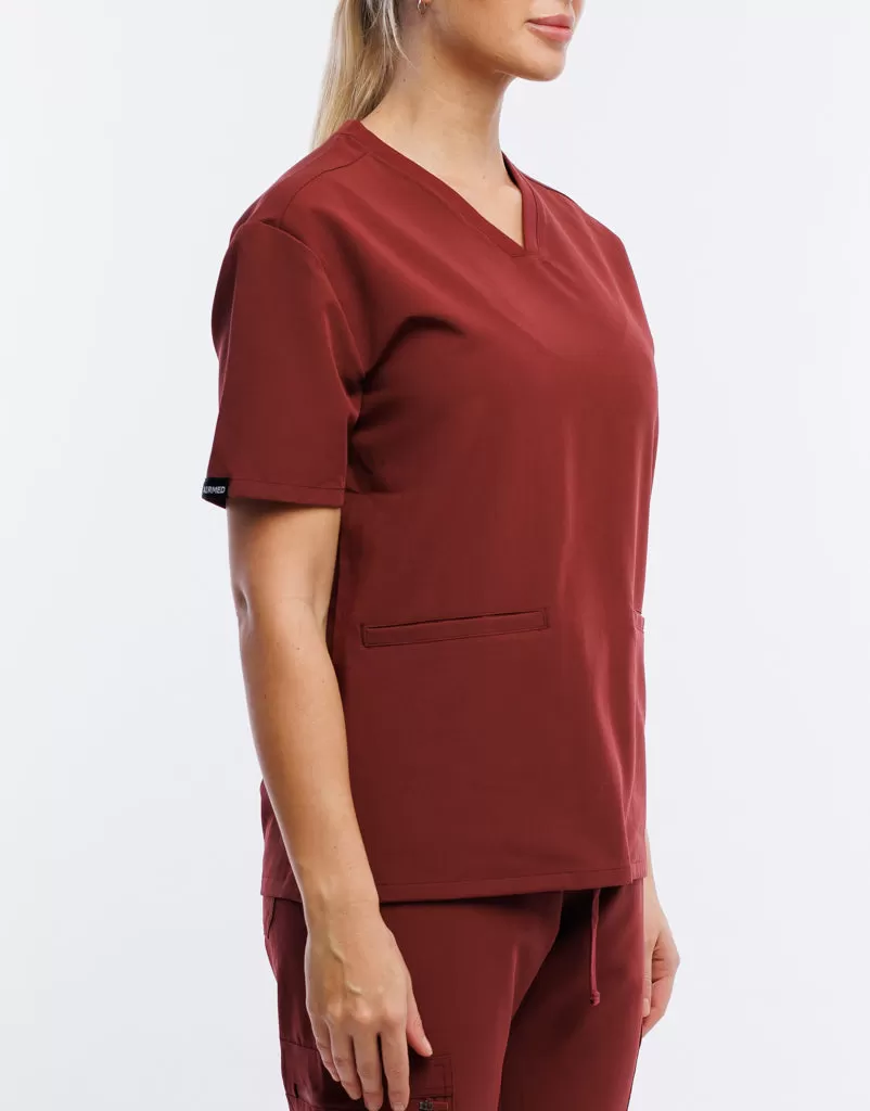 Essential V Neck Scrub Top - Bordeaux Red