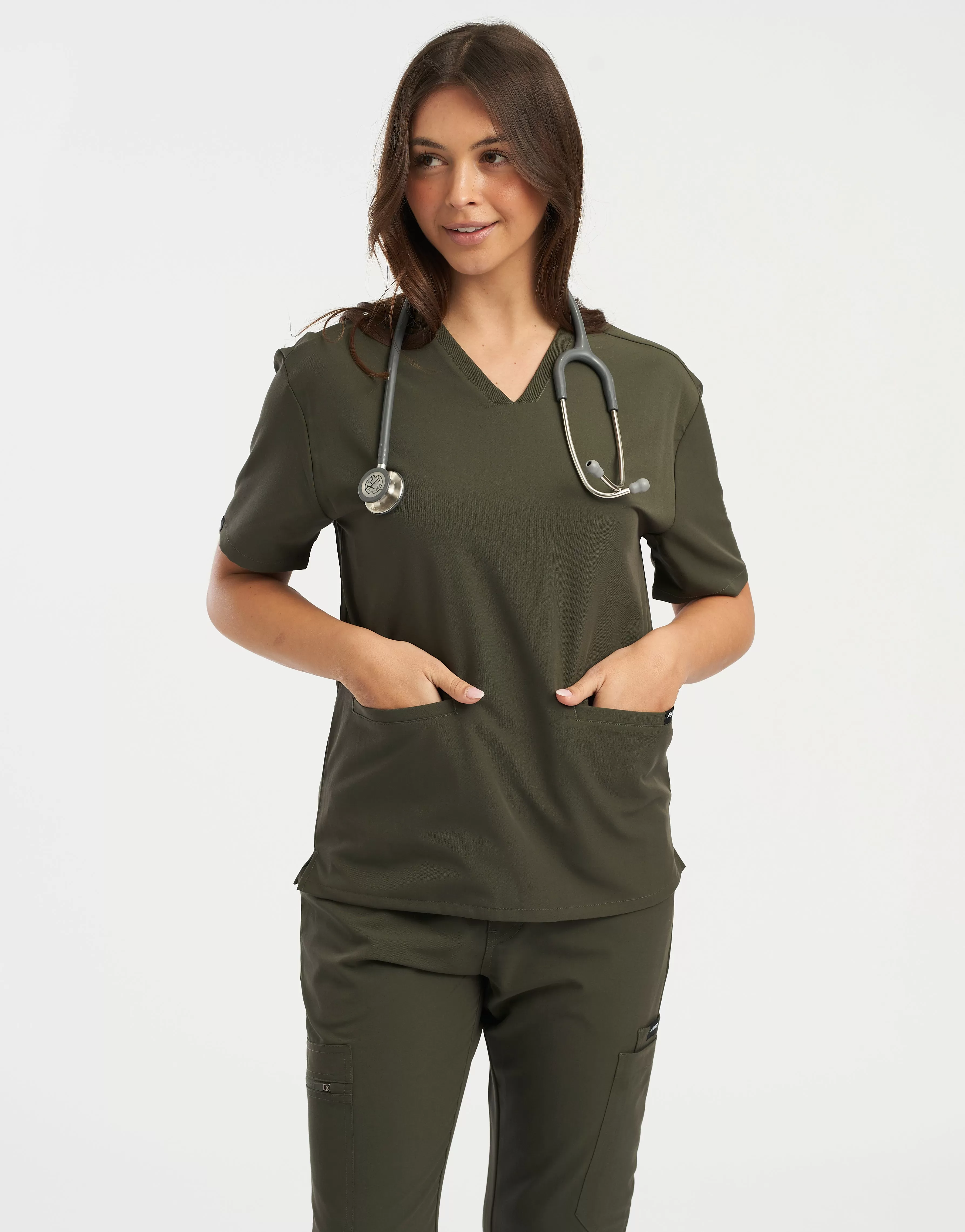 Essential V Neck Scrub Top - Khaki Green