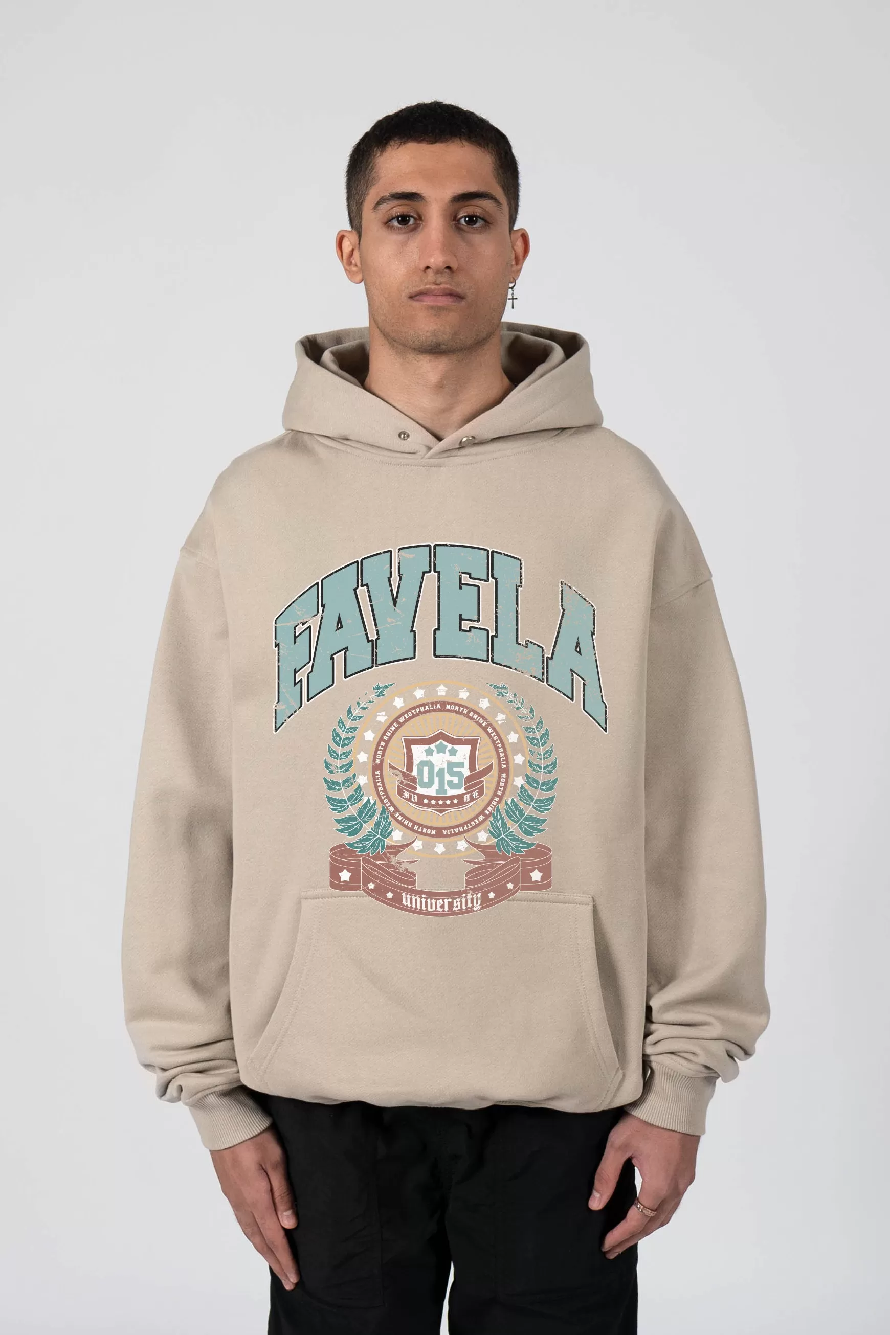 FAVELA UNIVERSITY TAUPE SNAP BUTTON HOODIE