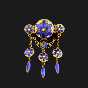 Final Payment Blue Enamel Floral Art Nouveau Brooch