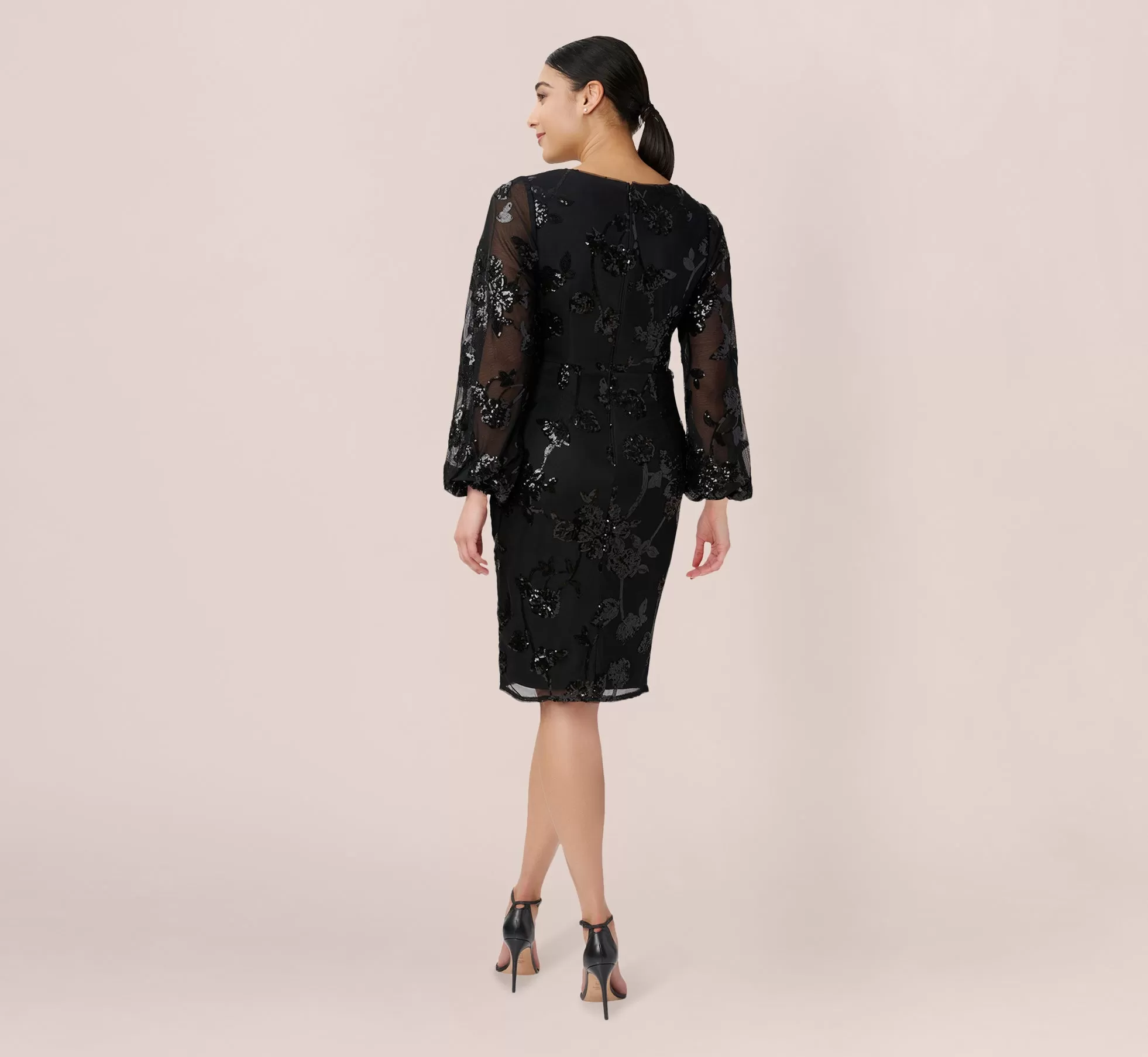 Floral Sequin Sheath Dress With Sheer Long Sleeves In Black