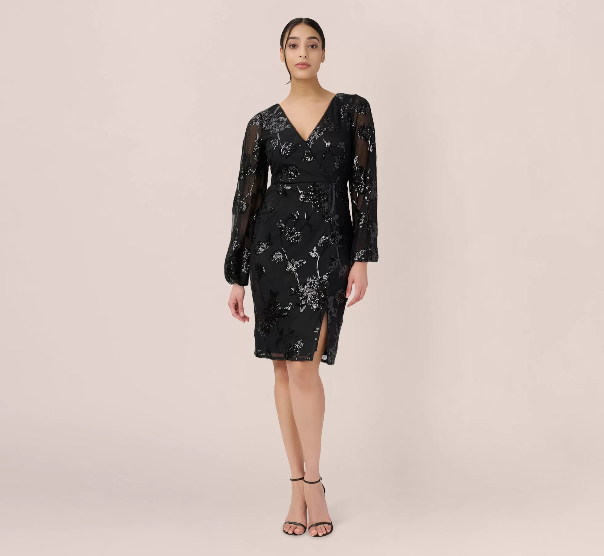 Floral Sequin Sheath Dress With Sheer Long Sleeves In Black