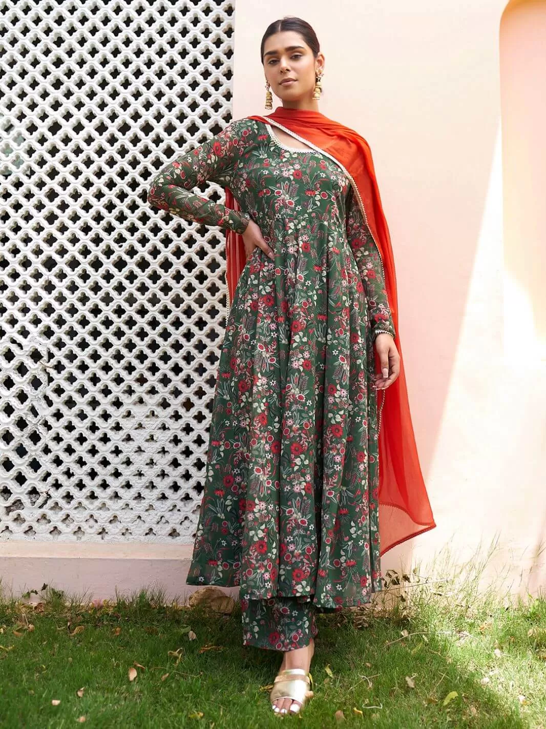 Green Floral Printed Kurta Palazzo Set