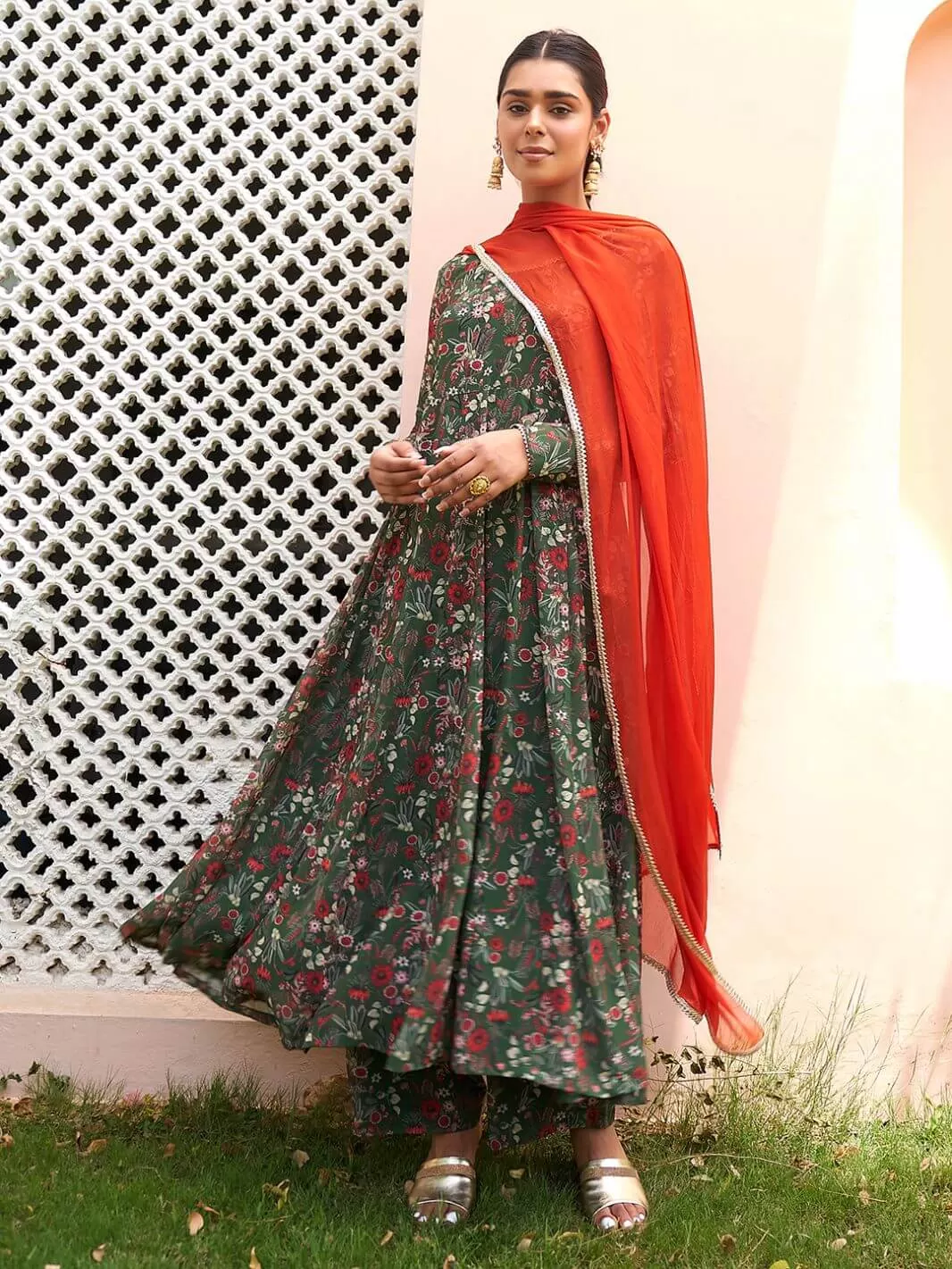 Green Floral Printed Kurta Palazzo Set