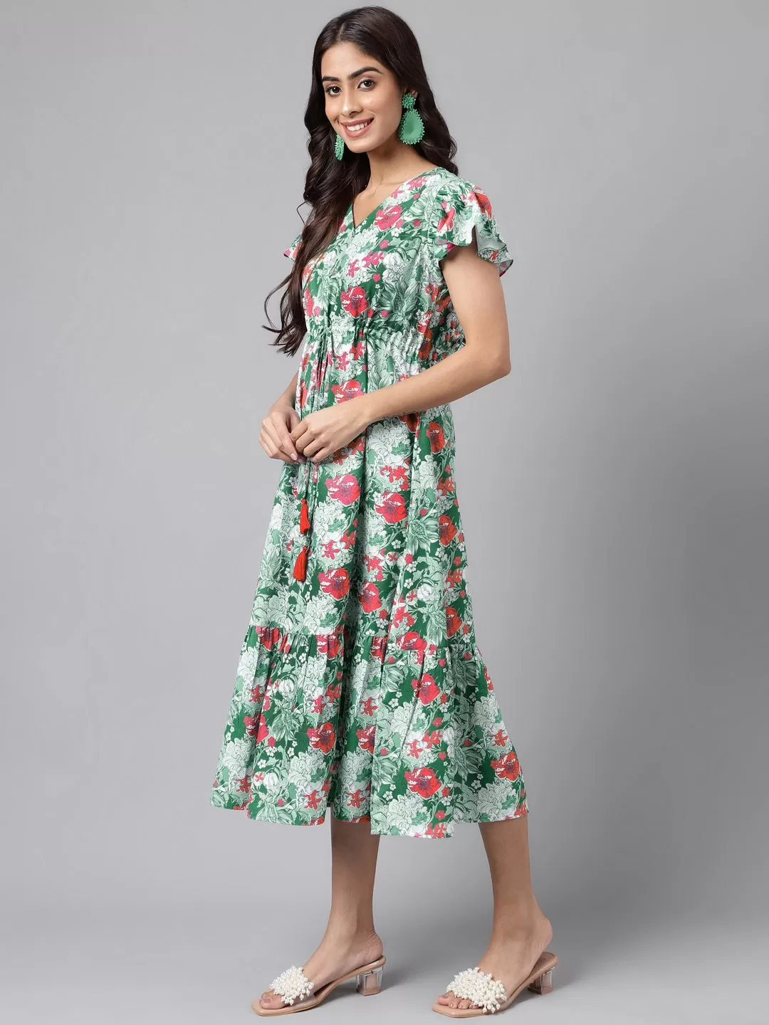 Green Moss Digital Floral Printed A-line Dress