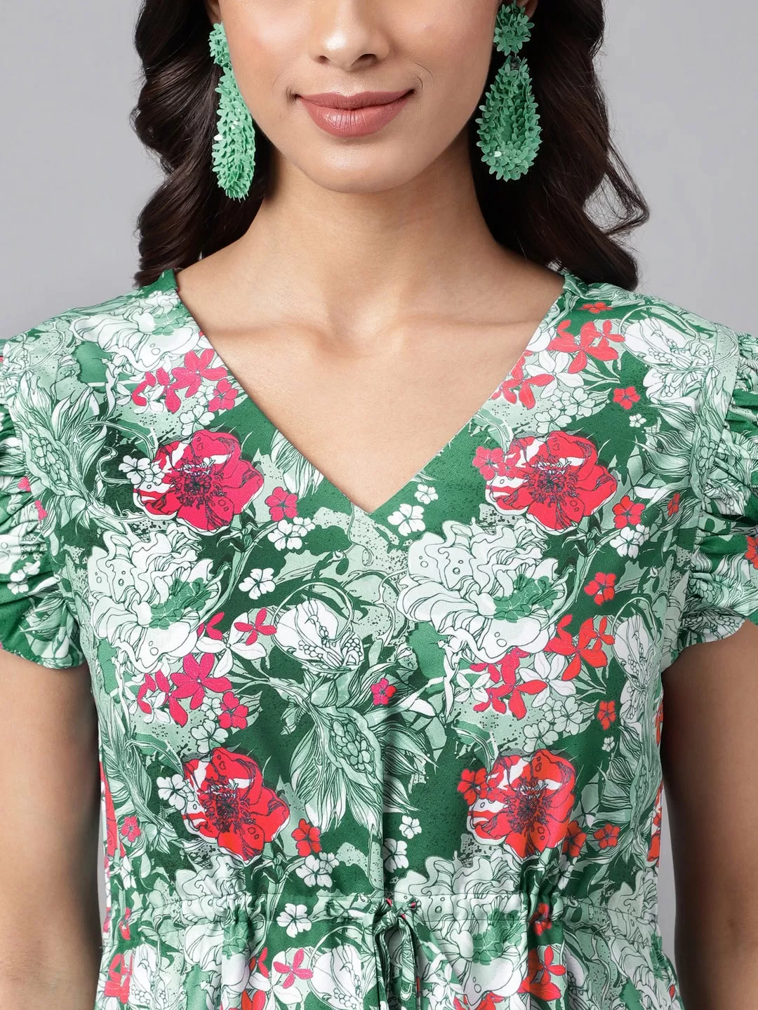 Green Moss Digital Floral Printed A-line Dress