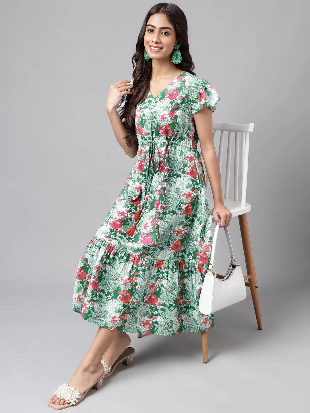 Green Moss Digital Floral Printed A-line Dress