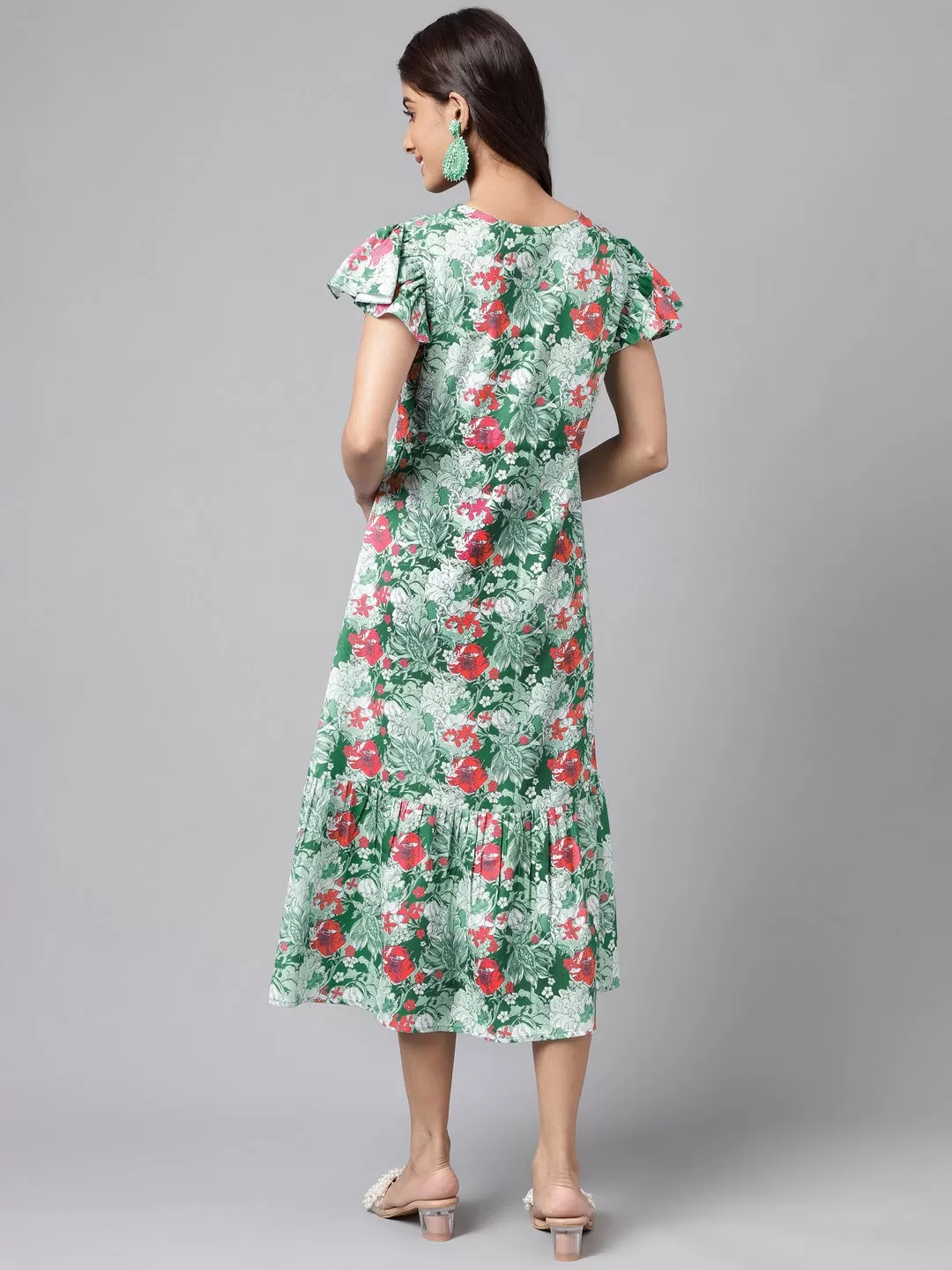 Green Moss Digital Floral Printed A-line Dress