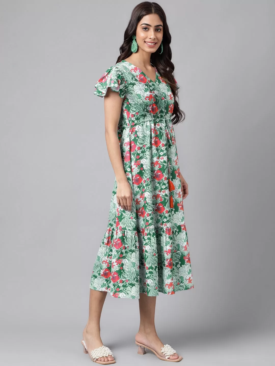 Green Moss Digital Floral Printed A-line Dress