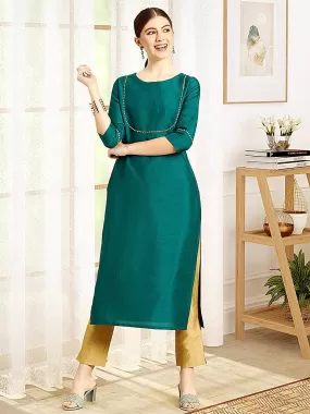 Green Poly Silk Solid Kurta Pant Set