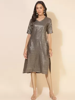 Grey Crepe Foil Printed Straight Kurta