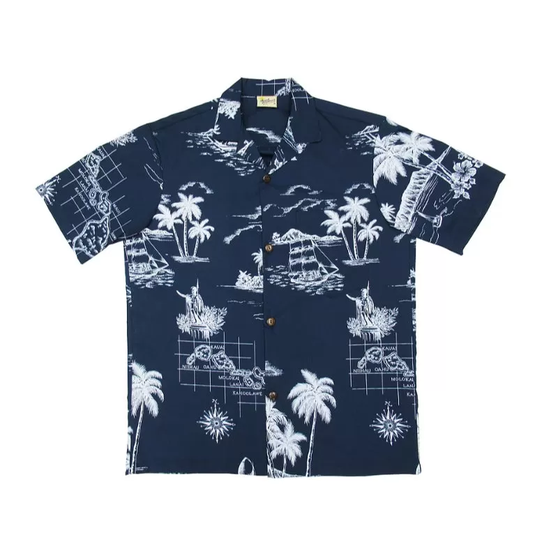 Hawaiian Ocean Map Aloha Shirt | Navy