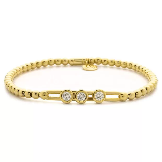 Hulchi Belluni Stretch Bracelet with Three Bezel Diamond Moveable Stations Yellow Gold