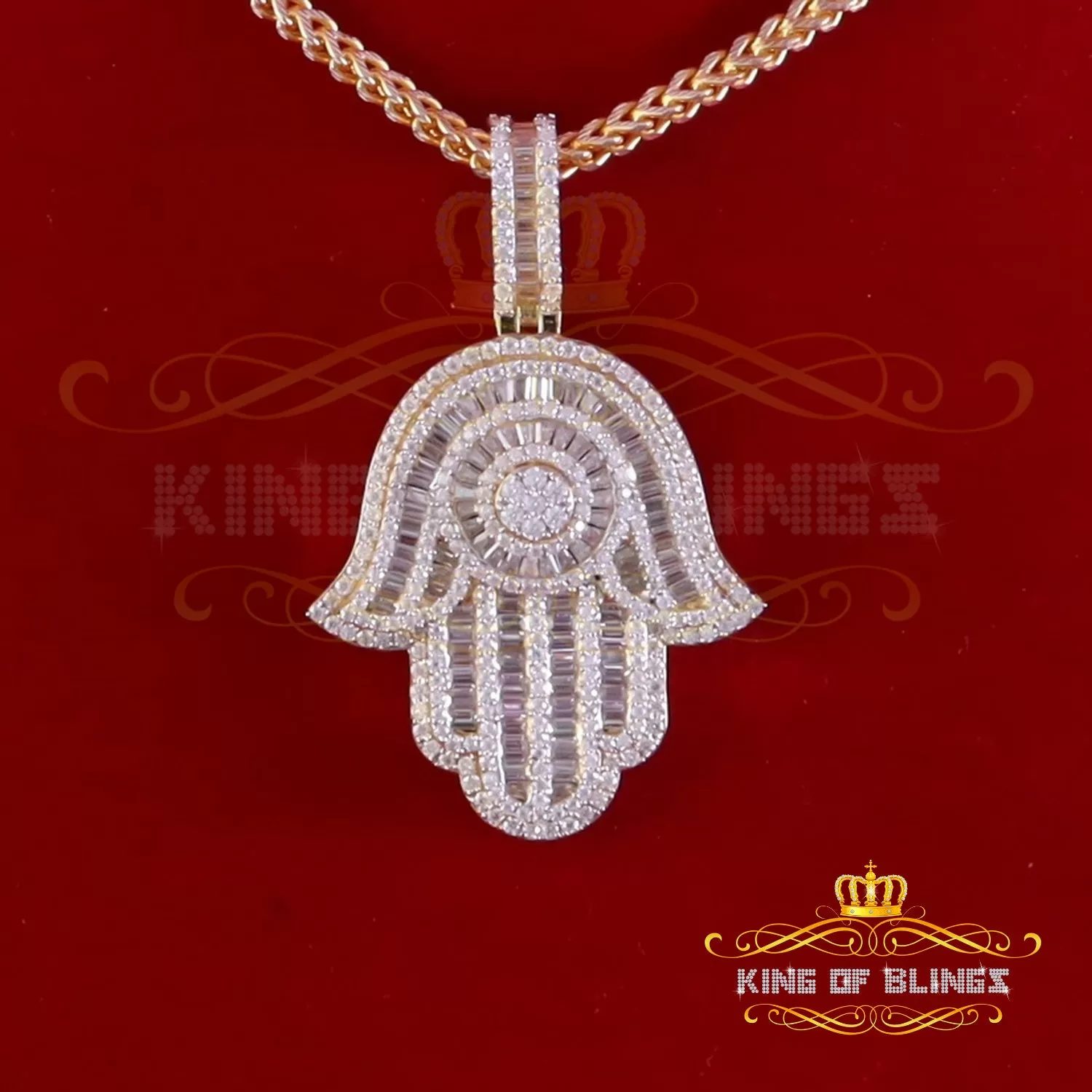 King Of Bling's Men's/Women's New Hamsa Pendant 8.0ct VVS D Moissanite Yellow Sterling Silver