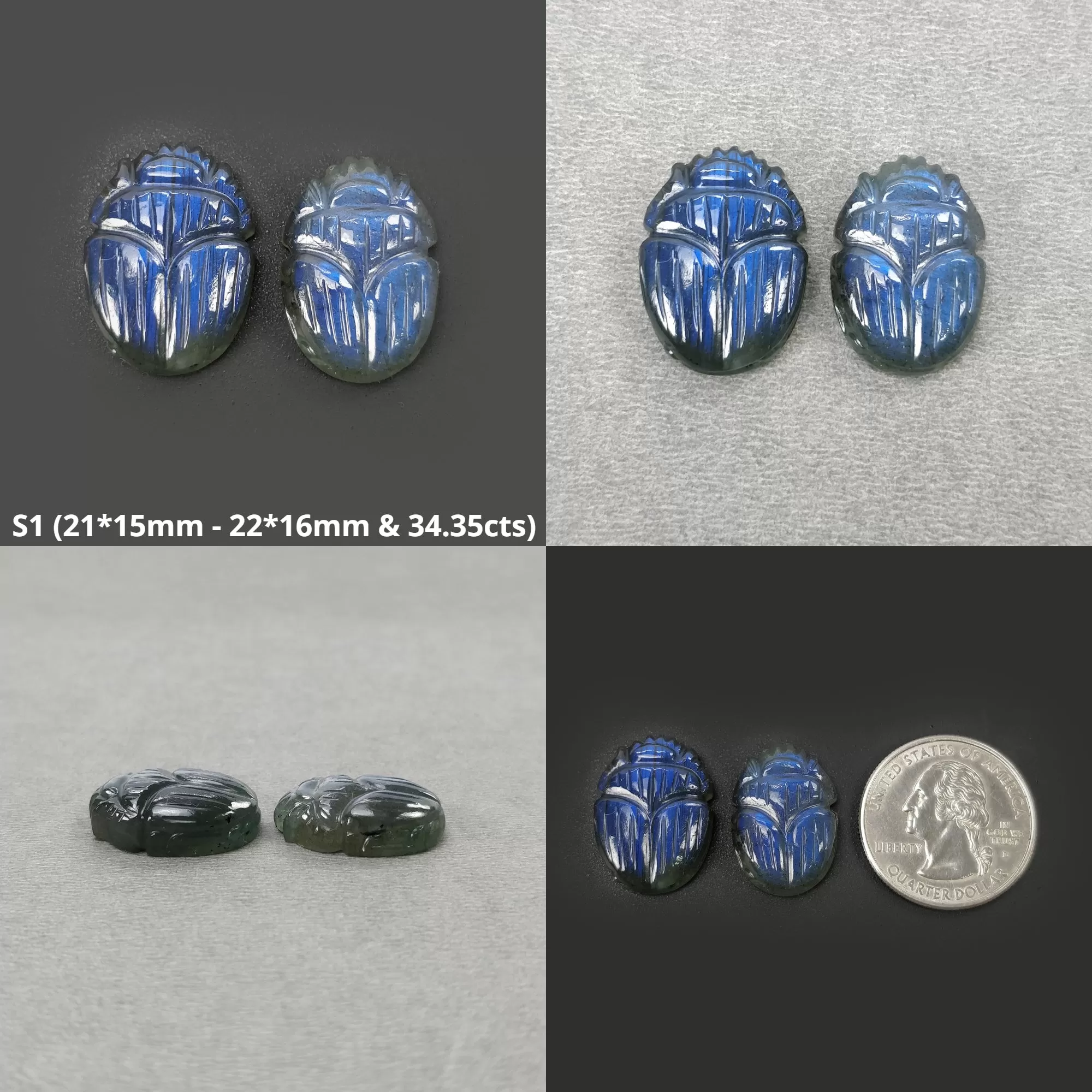 LABRADORITE Gemstone Carving : Natural Untreated Unheated Labradorite Hand Carved Scarabs 2pcs Set