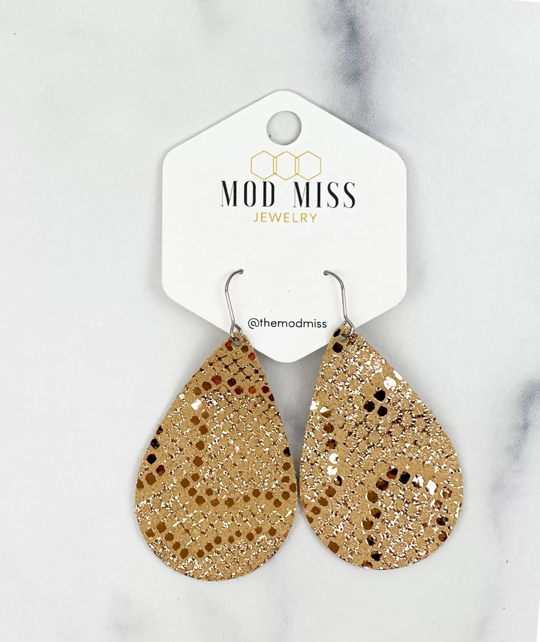 Leather Teardrop Earring Snakeskin Gold