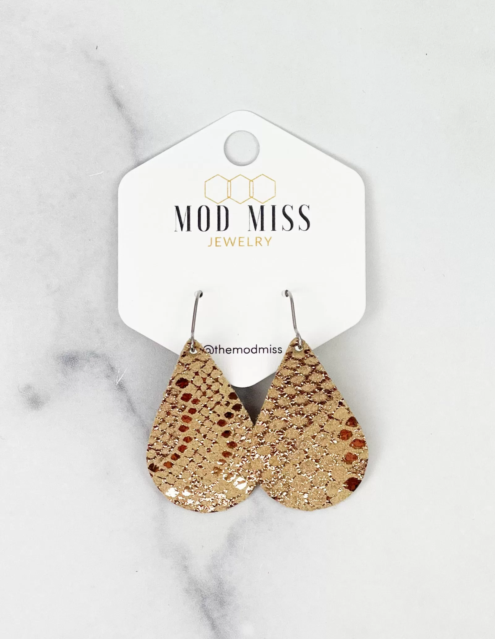 Leather Teardrop Earring Snakeskin Gold