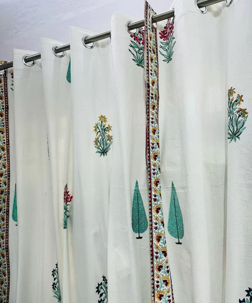 Light green hand sanganeri printed cotton door curtain set of 2