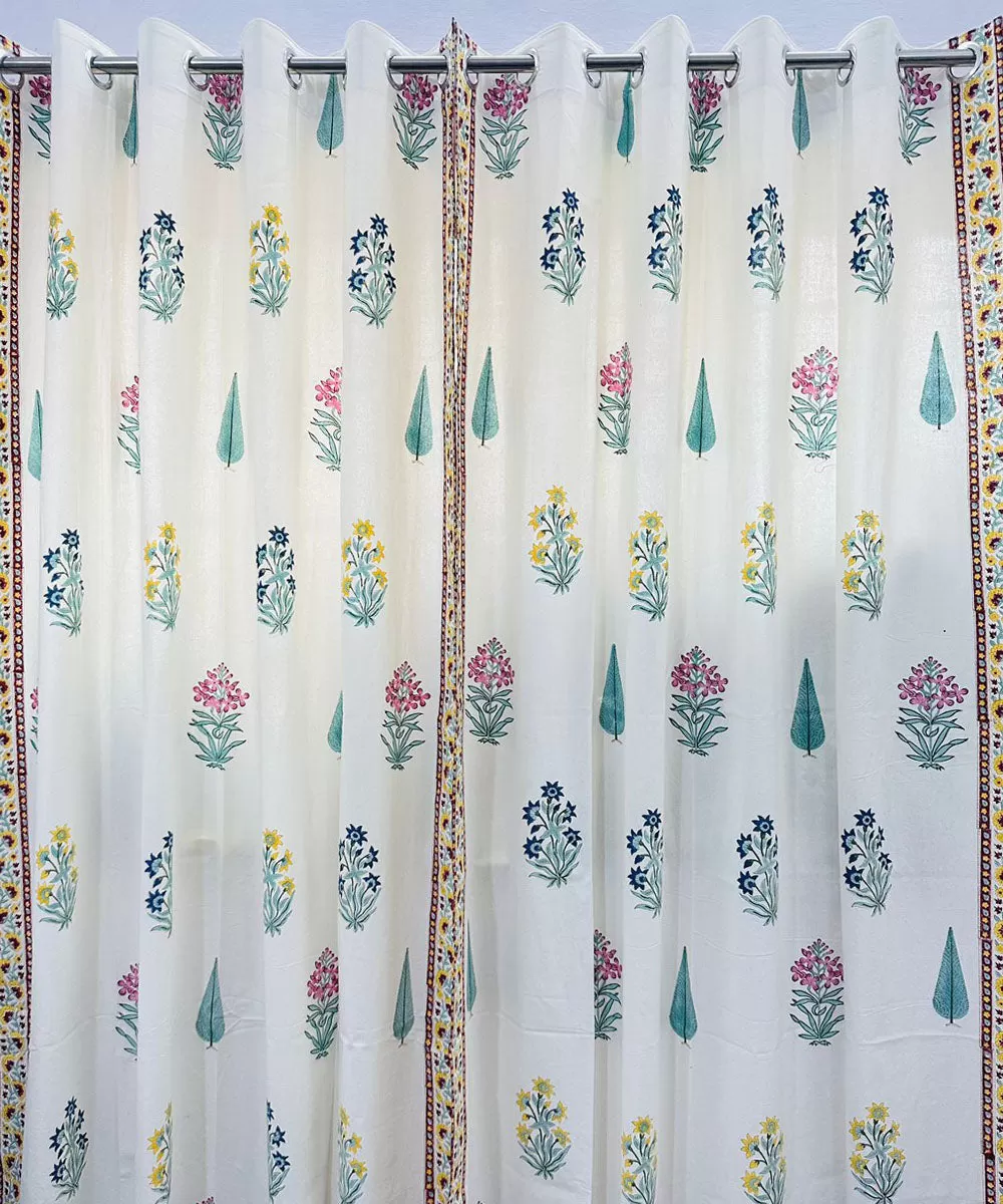 Light green hand sanganeri printed cotton door curtain set of 2