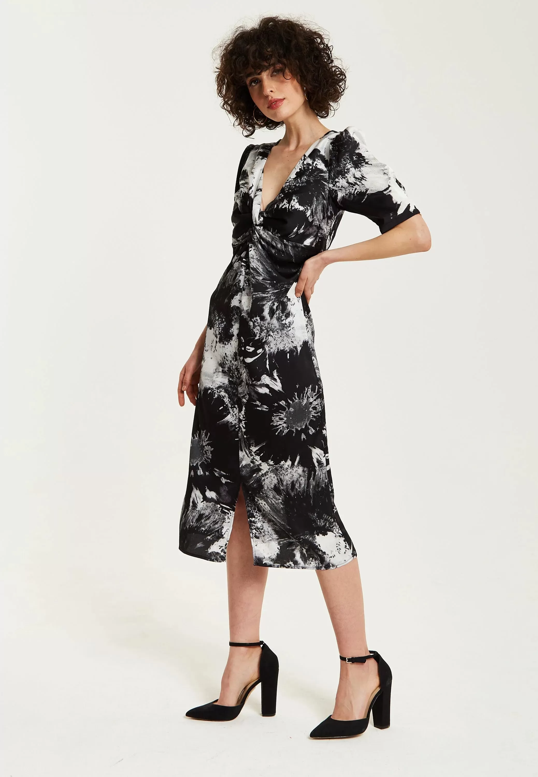 Liquorish Mono Abstract Print Knot Front Midi Dress