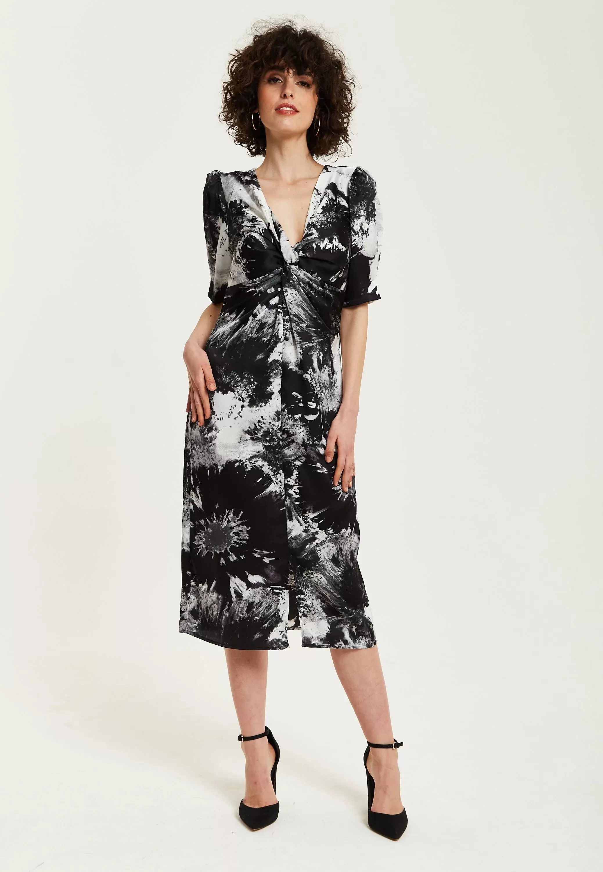 Liquorish Mono Abstract Print Knot Front Midi Dress