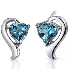 London Blue Topaz Earrings Sterling Silver Heart Shape 2 Carats