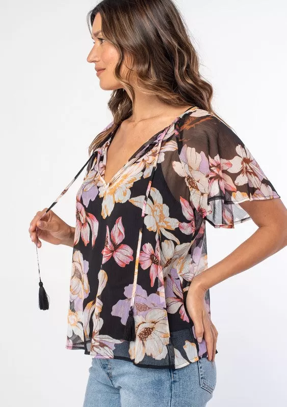 Lovestitch Floral Flutter Sleeve Tie Front Top