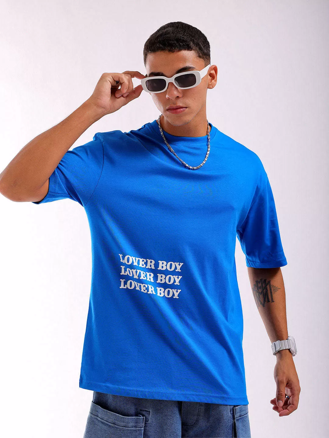 Men Blue Oversized Fit Back Printed T-Shirt