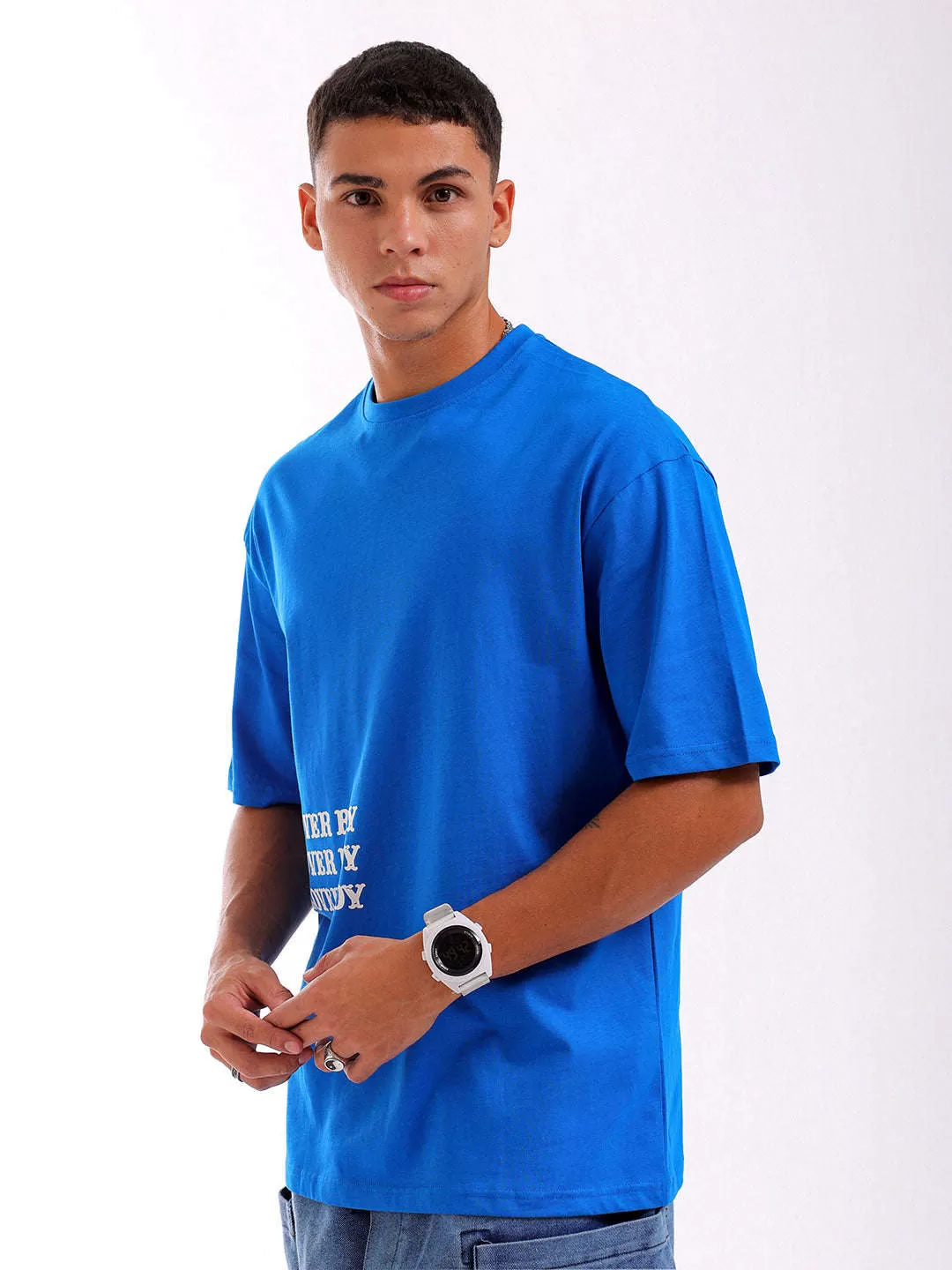 Men Blue Oversized Fit Back Printed T-Shirt