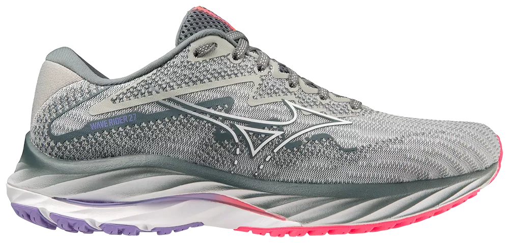 Mizuno Wave Rider 27 (D Width) - Pearl Blue/White/High-Vis Pink (Womens)