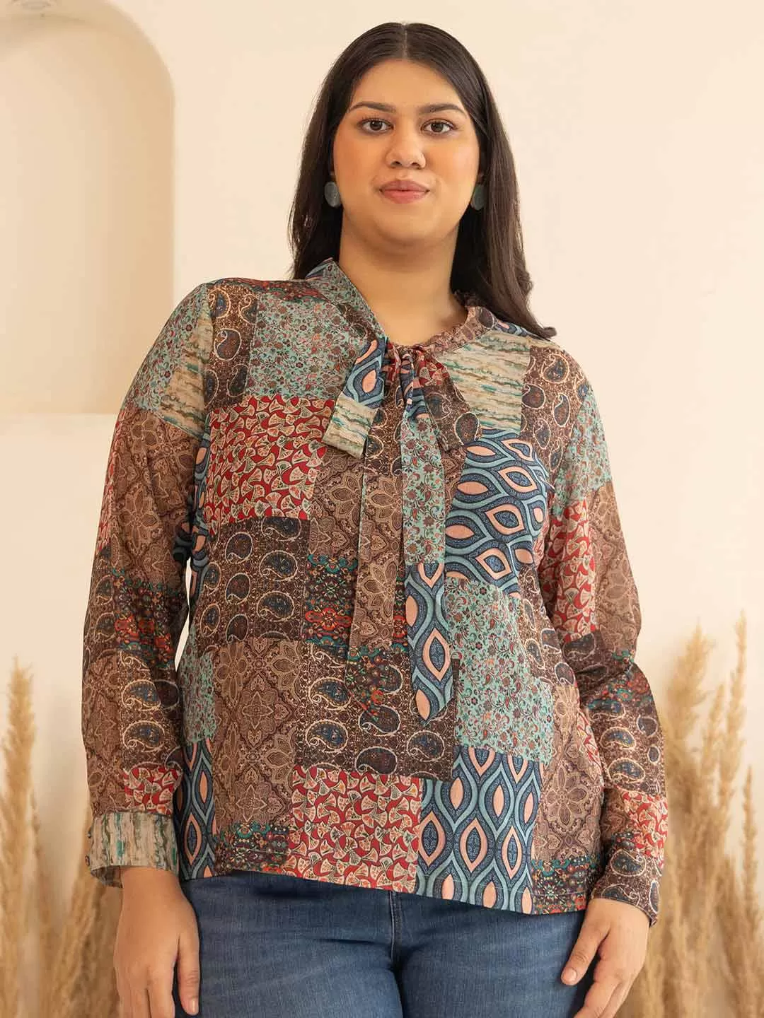 Multicolor Georgette Ethnic Printed Regular Top