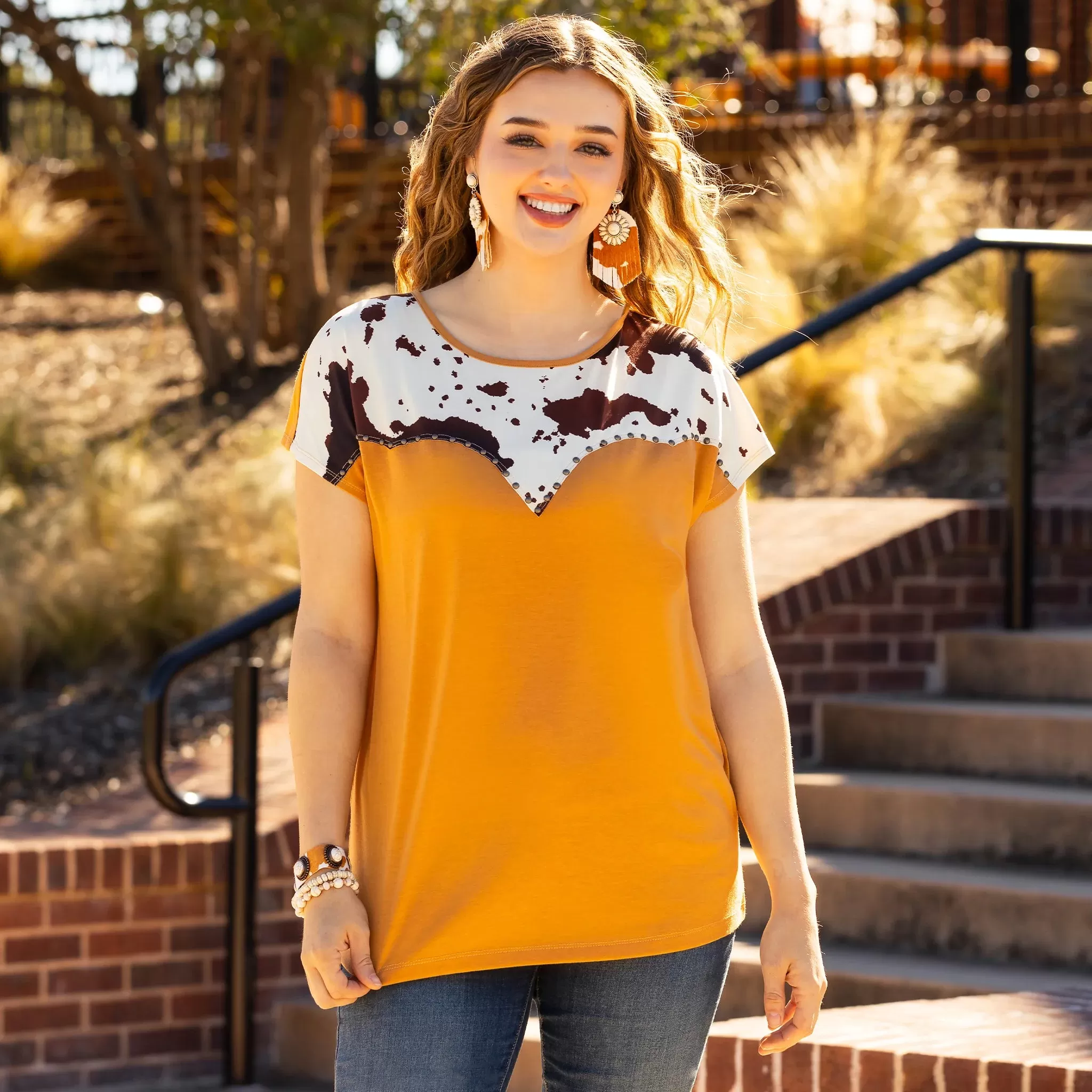 Mustard top with Cow print & Western studded design