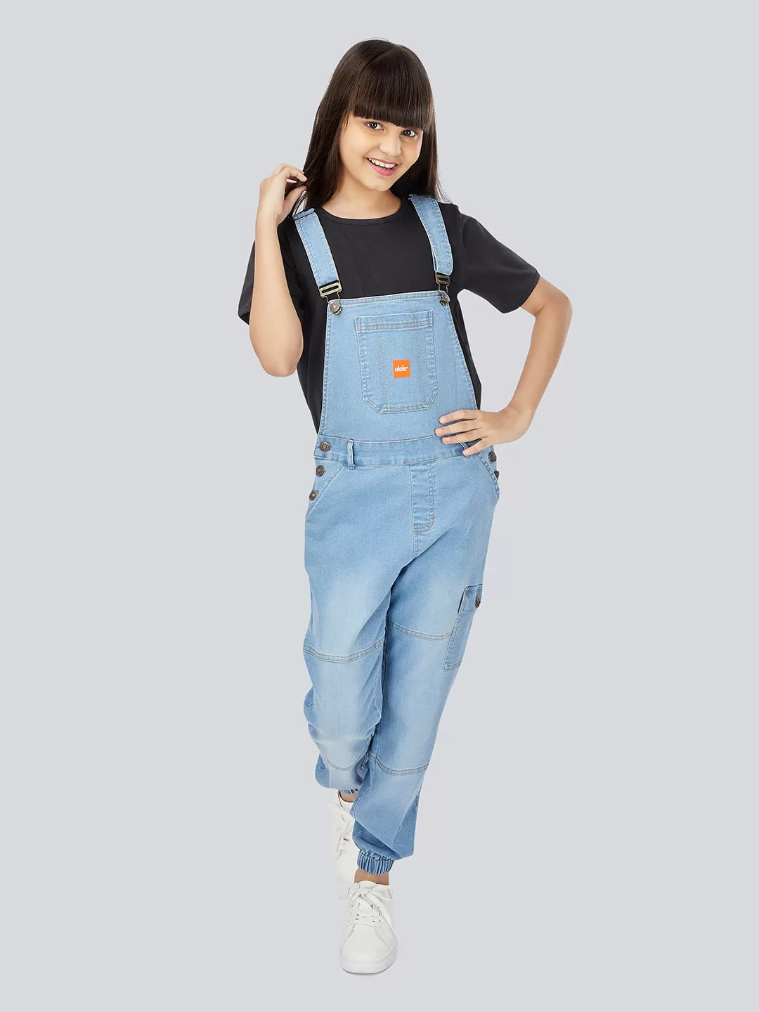 Naughty Dungaree® Girls Full Length Light Blue Denim Dungaree with Elastic Bottom Hem