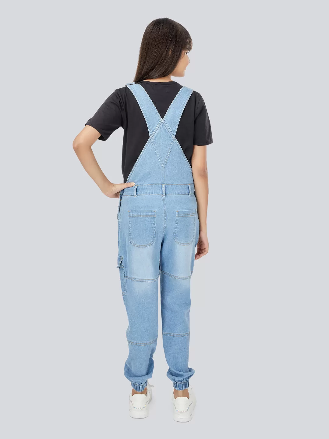 Naughty Dungaree® Girls Full Length Light Blue Denim Dungaree with Elastic Bottom Hem