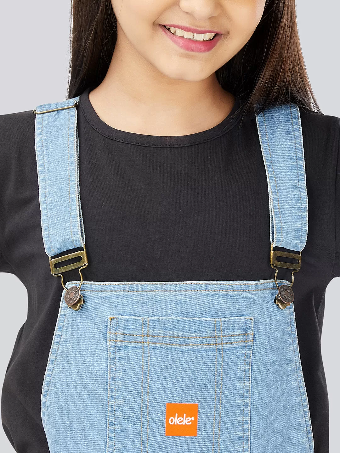 Naughty Dungaree® Girls Full Length Light Blue Denim Dungaree with Elastic Bottom Hem