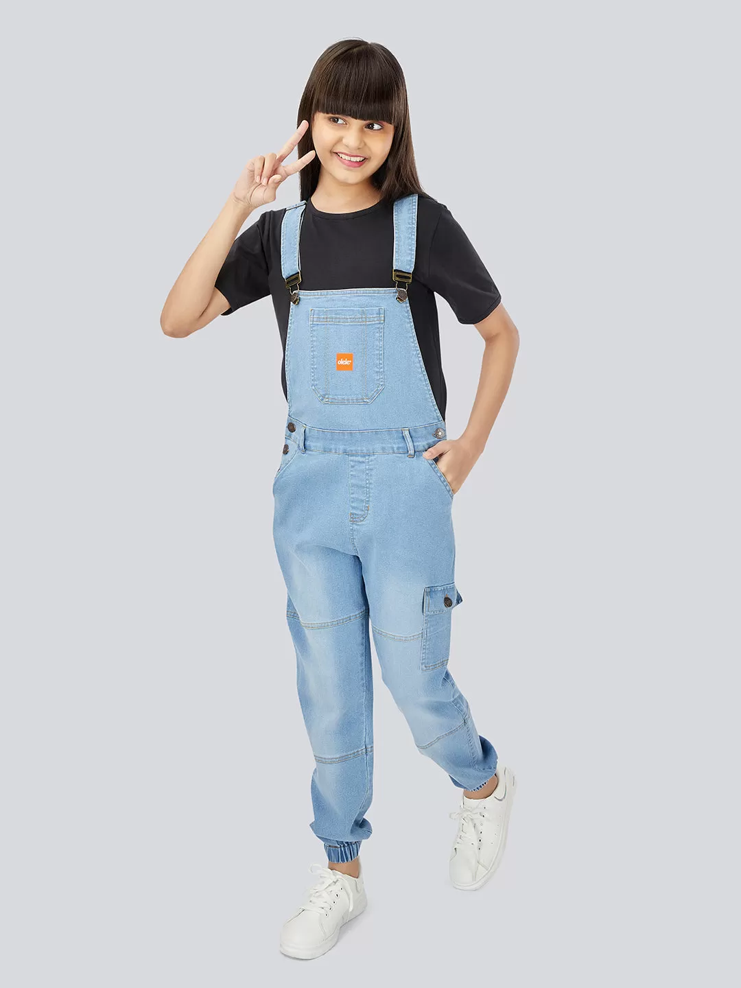 Naughty Dungaree® Girls Full Length Light Blue Denim Dungaree with Elastic Bottom Hem