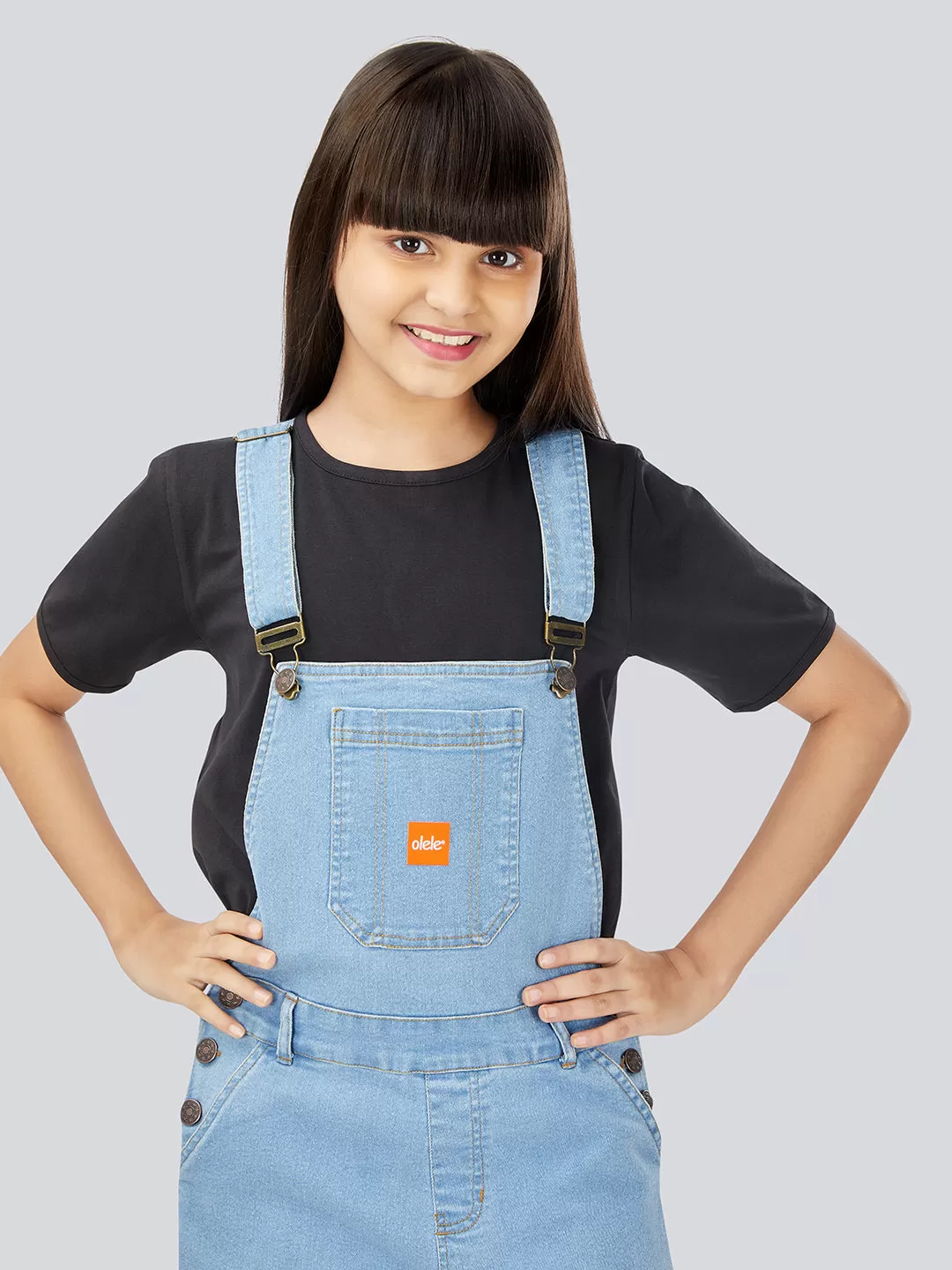 Naughty Dungaree® Girls Full Length Light Blue Denim Dungaree with Elastic Bottom Hem