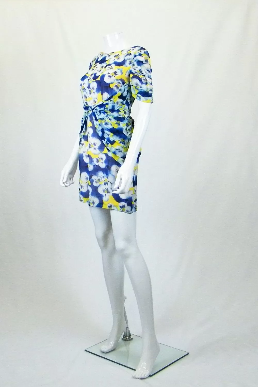 OLIVIA RUBIN Blue Yellow White Silk Pansy Print Mini Dress (UK 8)