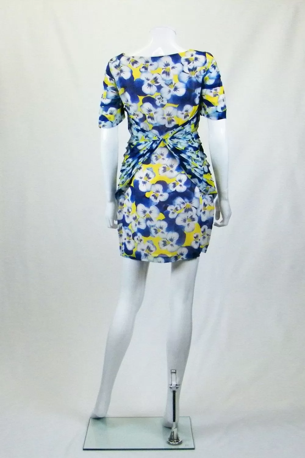 OLIVIA RUBIN Blue Yellow White Silk Pansy Print Mini Dress (UK 8)