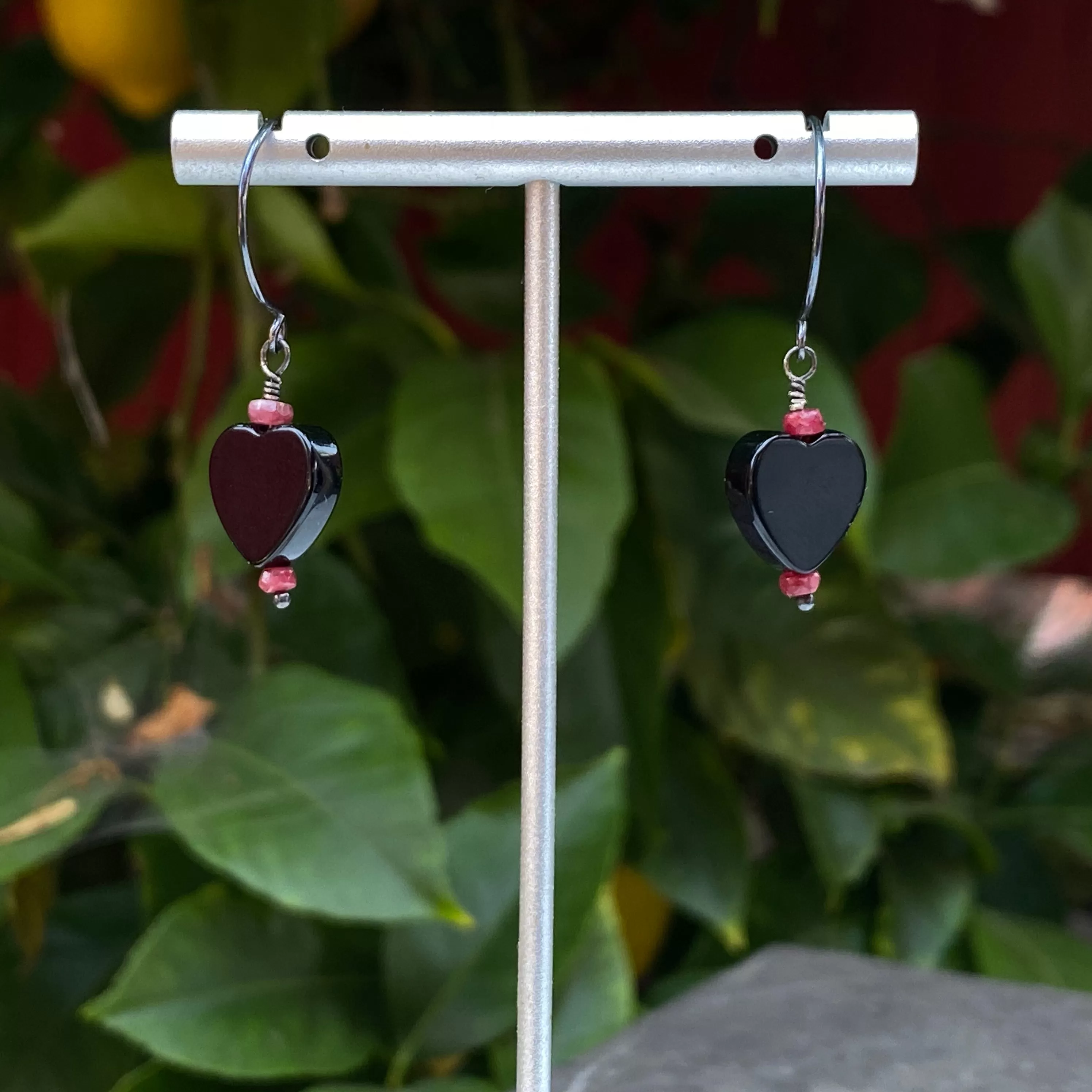 Onyx Heart Earrings With Rubies