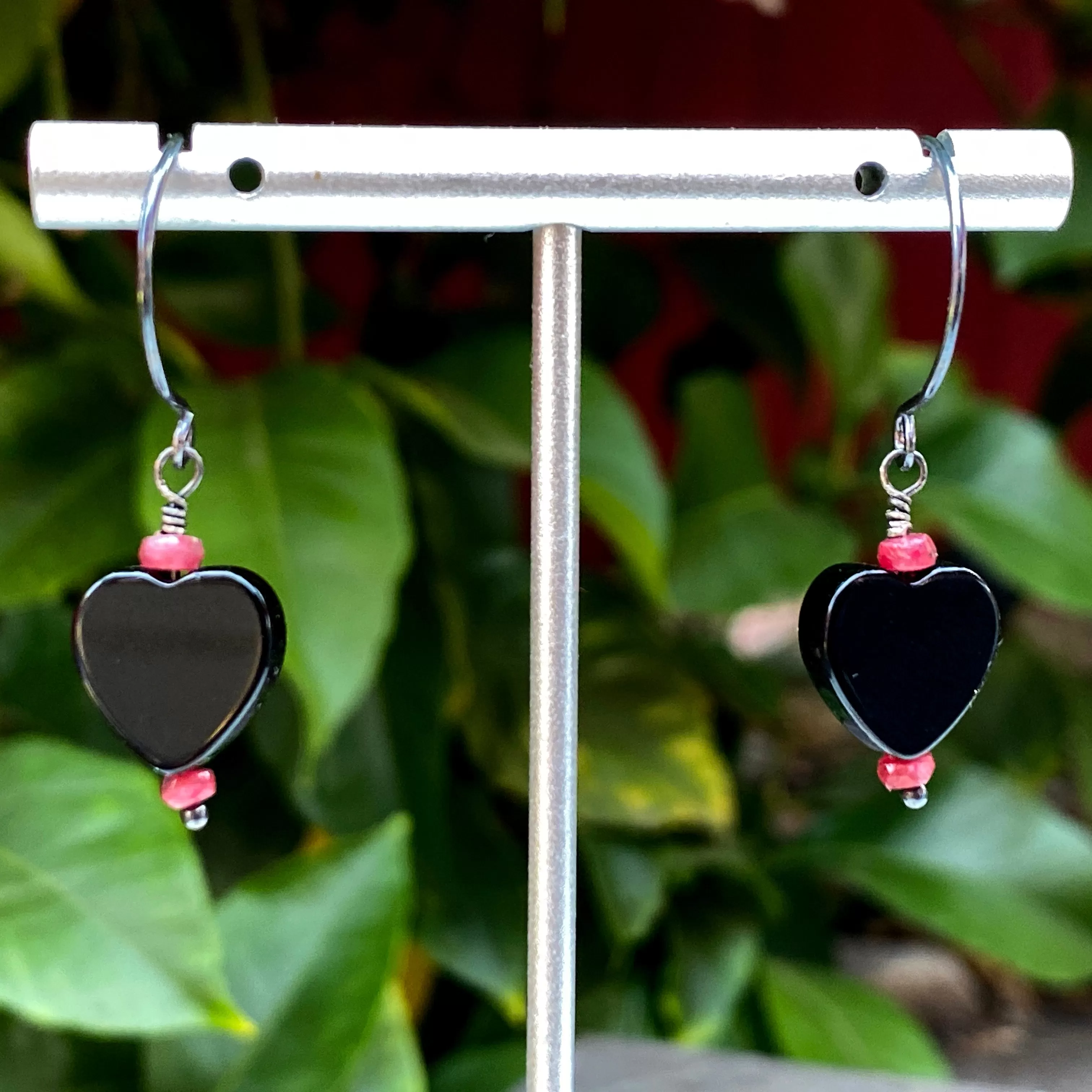 Onyx Heart Earrings With Rubies