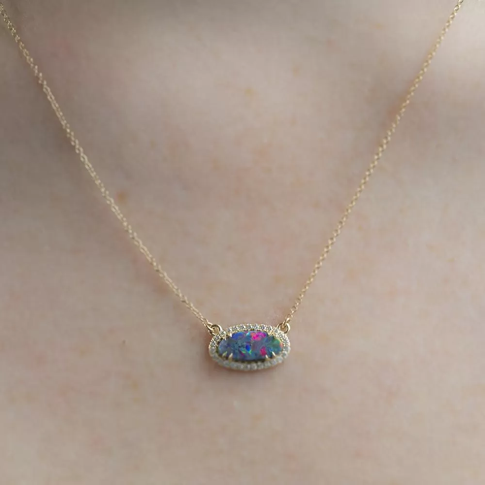 Opal and Diamond Halo Necklace in 14k Yellow Gold, 11.52x5.19mm