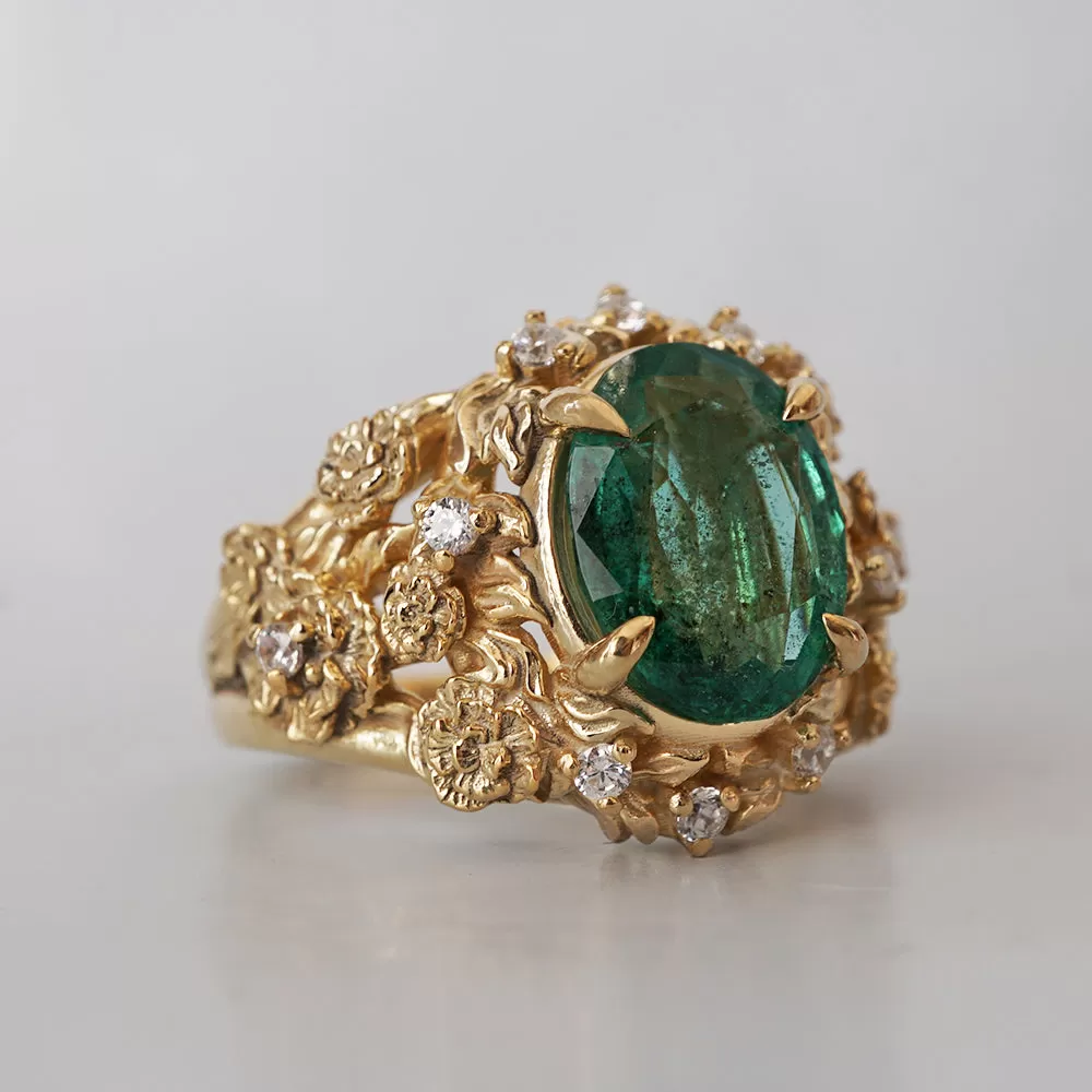 Oval Emerald Tulip Diamond Ring in 14K and 18K Gold